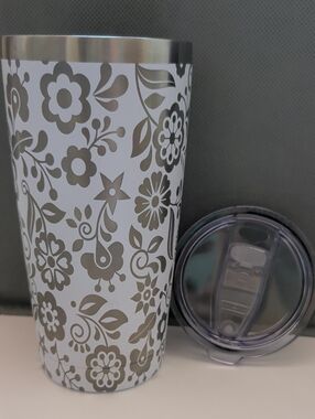20 Oz Floral Stainless Steel Travel Tumbler - White & Silver - Full Wrap Etching